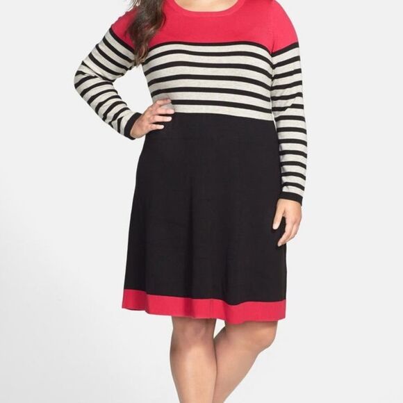 Eliza J Black White Pink Striped Colorblock Fit Flare Sweater Dress Plus Size - Picture 1 of 9